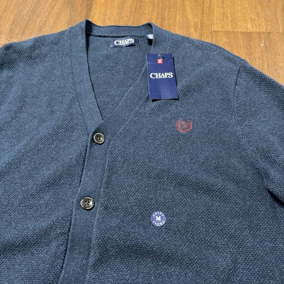 Chaps Men's Cardigan Sweater Navy Blue, Cotton Waffle, Shawl Collar, Thick Knit - Picture 2 of 6